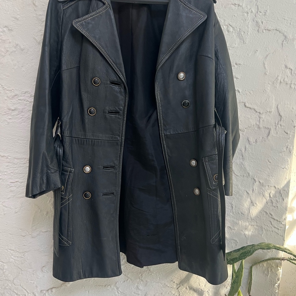 Woman Black Double-Breasted Leather Coat